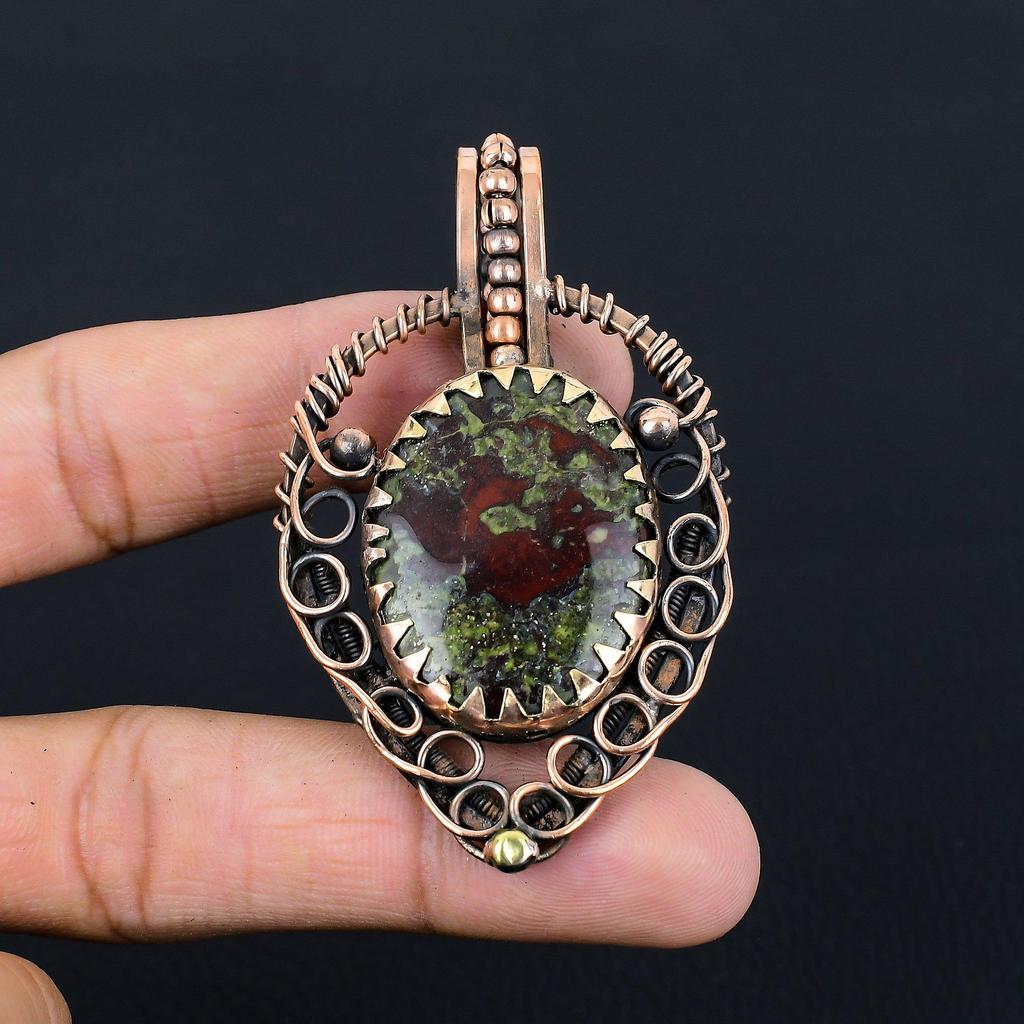Beautiful Dragon Blood Jasper Gemstone Handmade Pure Copper Wire Wrapped Pendant Jewelry