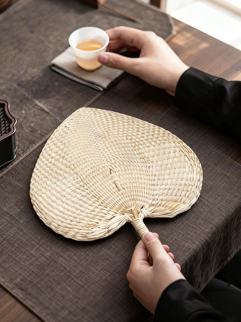 Ventilador de manivela estilo vintage de verano, Abanico de hoja de palma, Abanico retro Zen, Ventilador decorativo para sala de té, Abanico de hoja de palma hecho a mano