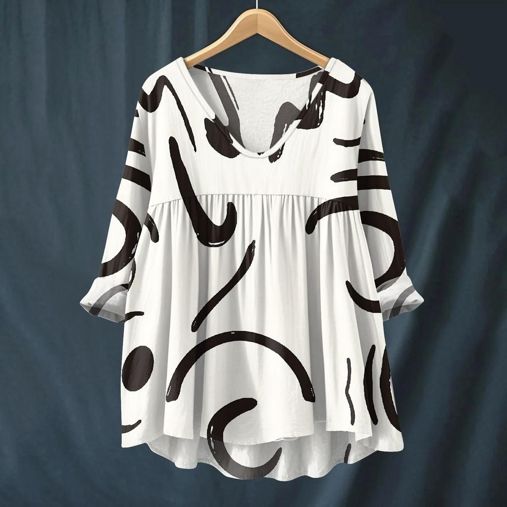 Women's Fashionable And Casual Shirt Long-sleeved V-neck Print Cotton And Linen Blouse