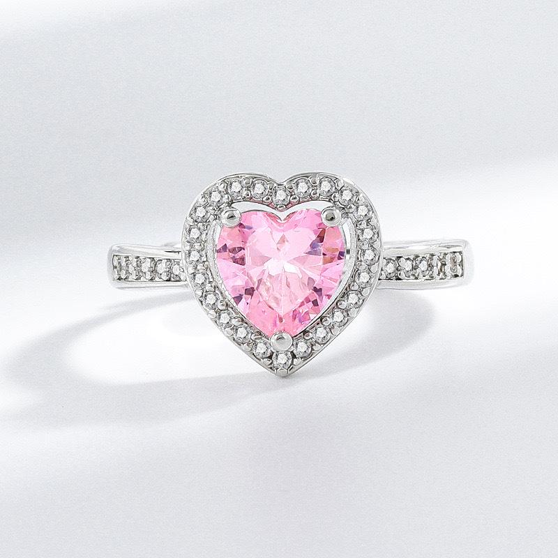 European & American Pink Heart-Shaped Jewelry Set: Women's Ring, Necklace & Earrings