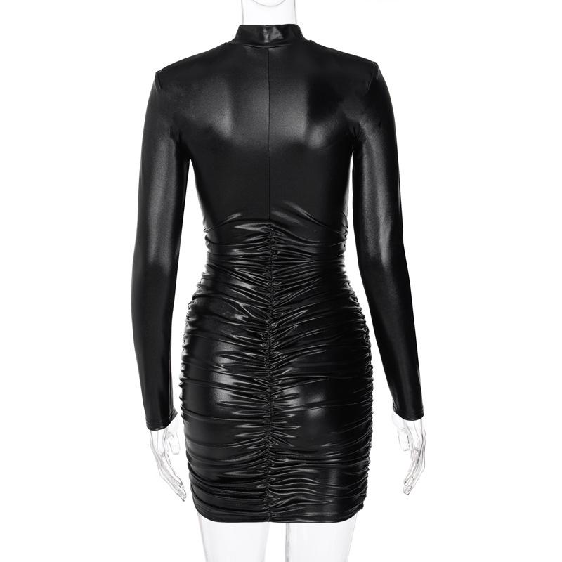 Robe sexy slim froncée à manches longues 2025 pour femmes printemps et automne, robe froncée à manches longues en cuir PU, robe moulante à col haut