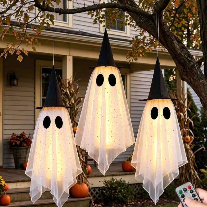Hanging Spirit Figure Set for Halloween, 3 Fabric Draped Seasonal Accents for Living Room Porch Doorway and Themed Party Display Use