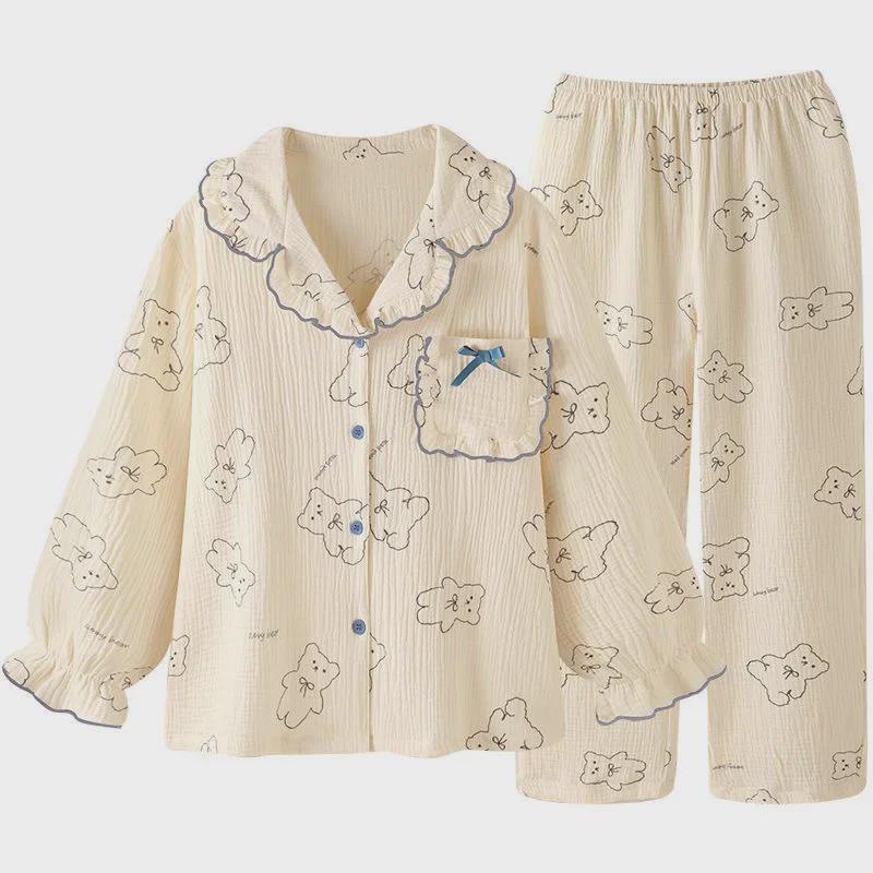 

Весенне-осенний кружевной кардиган с длинными рукавами и брюки пижамный комплект для женщин Large