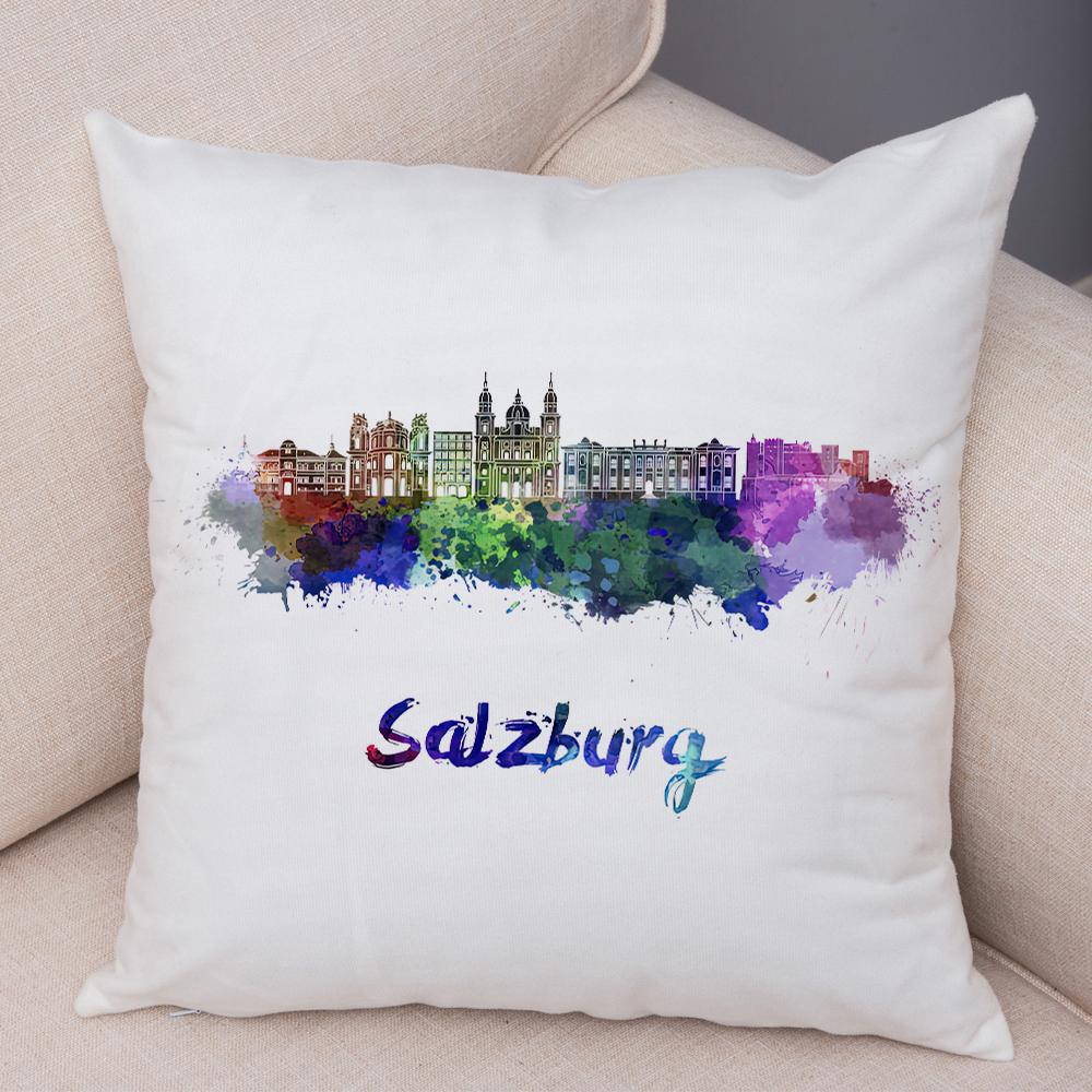 Watercolor City Skyline Cushion Cover Global Landmarks Art Print Soft Linen Living Room Bedroom Home Decor Pillow Case