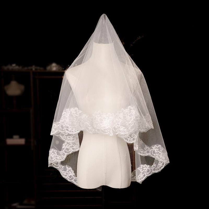 European & American Single-Layer Off-White Bridal Veil with Lace Edge