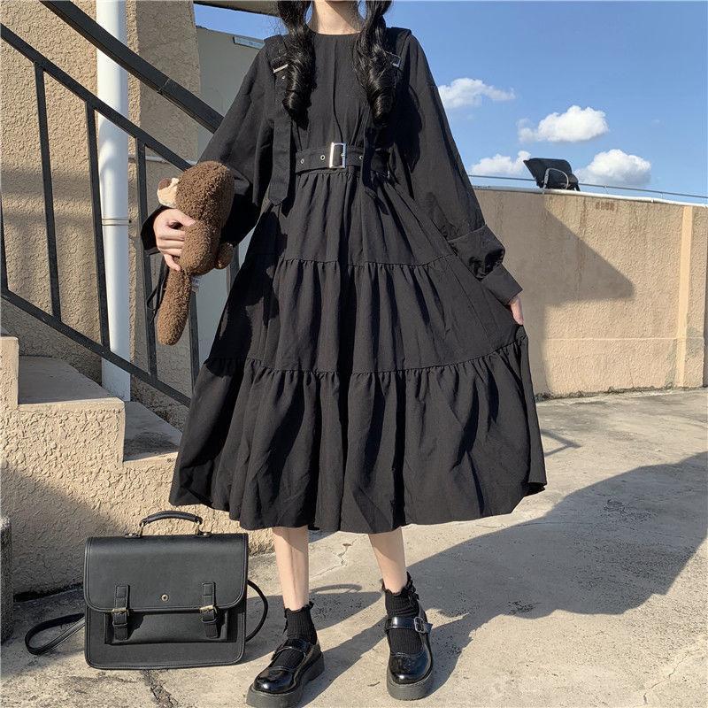 Japanese Sweet Lolita Dress Long-Sleeve Plus-Size High-Waisted Black Midi Dress Tummy-Control Pleated Swing A-line Skirt