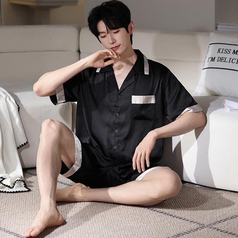 Ice Silk Pajamas Men's Summer 1011 New Short-sleeved Cardigan Set, Thin Breathable and Cool, and Large-size Loungewear