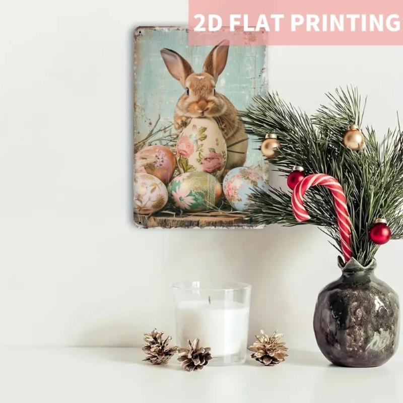 Vintage Easter Bunny Floral Eggs Metal Tin Sign Rustic Wall Art Home Decor