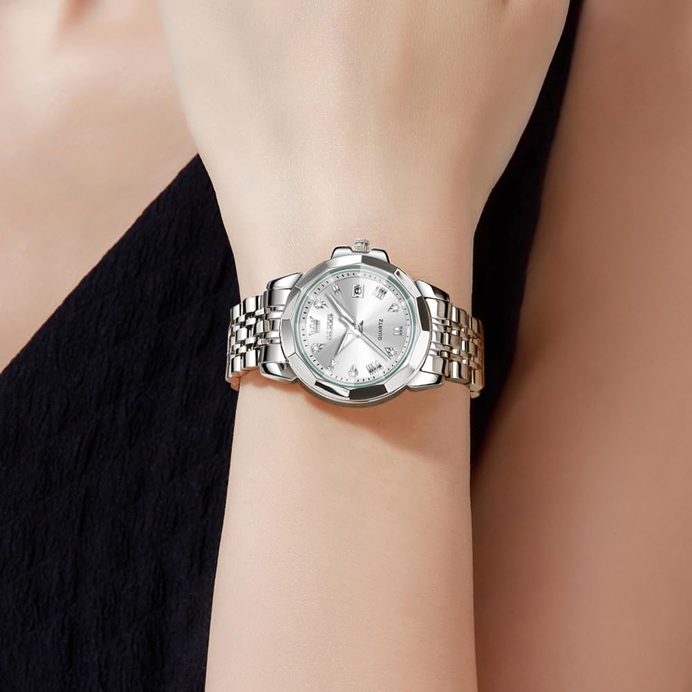OLEVS Quartz Watch with Stainless Date Fragrance White Women's Scent, Lightweight, Steel, Display, Diamonds, Waterproof, Luminous, Gift, Watch,