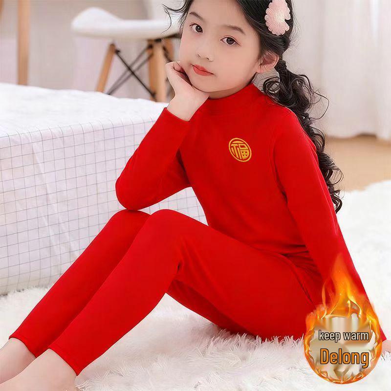 2026 Children's Red Year of the Horse Fleece Suit - Warm Half-High Collar for Medium and Large Kids