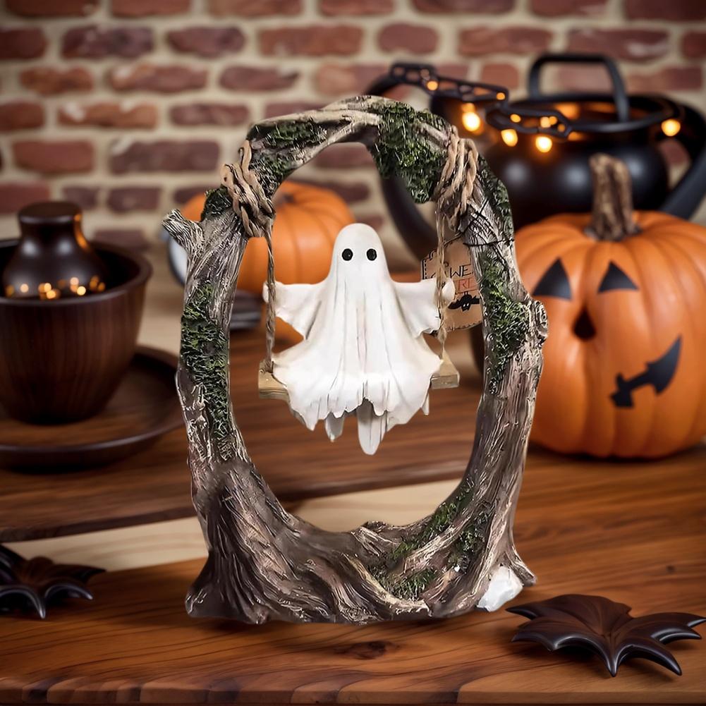 Halloween Swing Ghost Statue Resin Spooky Figurine Halloween Ghost Tree Swing Ornament Desktop Bookshelf Halloween Decor