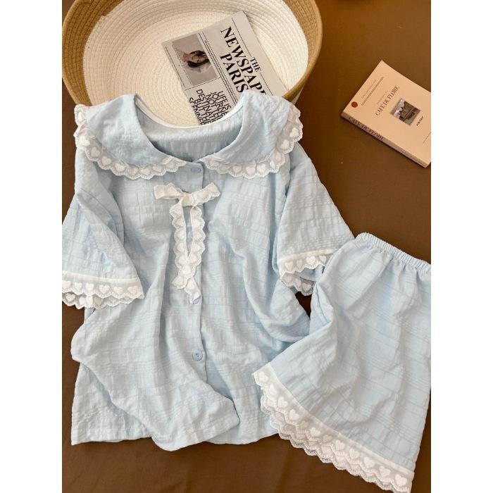 Blue doll collar lace with chest pad pajamas women s summer new cartoon Korean version loungewear set M