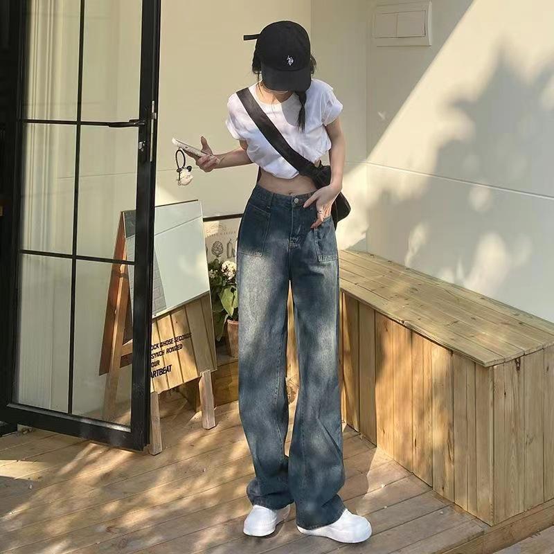 Blue Gray Straight Loose Jeans for Women Spring and Autumn New High Waist Slimming Small Wide-Leg Pants