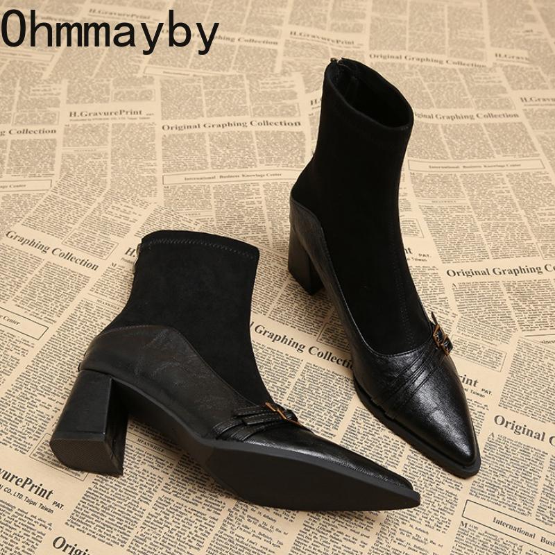 Autumn Winter Women High Heel Ankle Boots Elegant Back Zippers Shoes Modern Leather Suede Splicing Short Botas Para Mujer