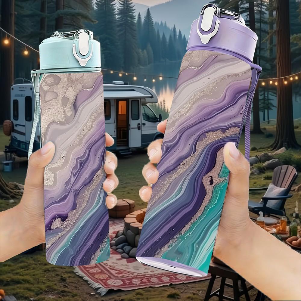 1PC Purple Green Swirl Agate Marble Texture 750ml Color Plastic Sports Water Bottle Leakproof Flip Straw Lid Suitable for Sports Office Home Use