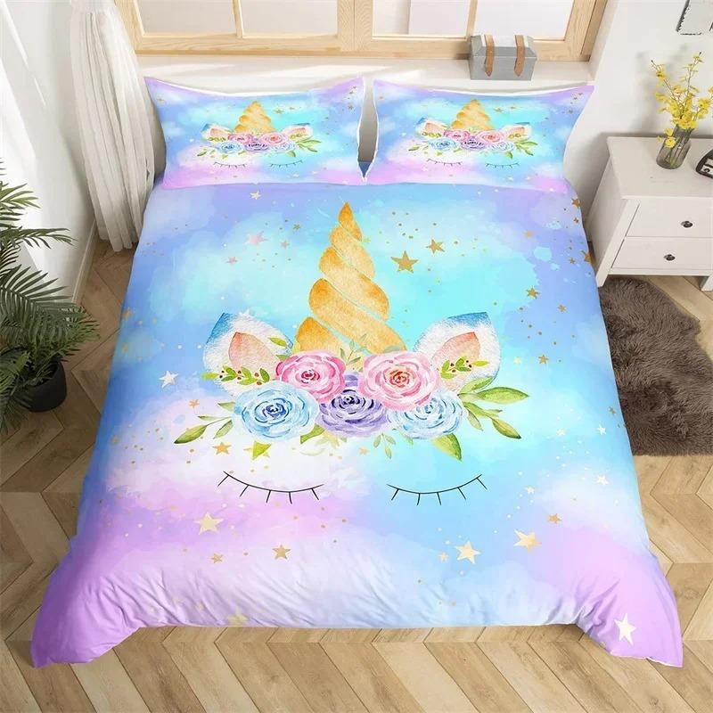 Magical Unicorn Ultra Soft Girls King Queen Bedding Set Microfiber With Sparkle Stars Print Duvet Cover Pillow Case Home Textile
