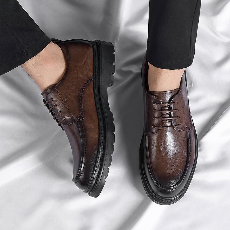 Klasyczne Męskie Buty ze Skóry Naturalnej Gruba Podeszwa Szpiczaste Buty Bankietowe Buty Wizytowe Konferencyjne Męskie Formalne Buty Sznurowane