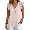 Women Summer Casual V Neck Button Down Blouse Sleeveless Ruffle Trim Lightweight Relaxed Fit Top for Daily Wear Office