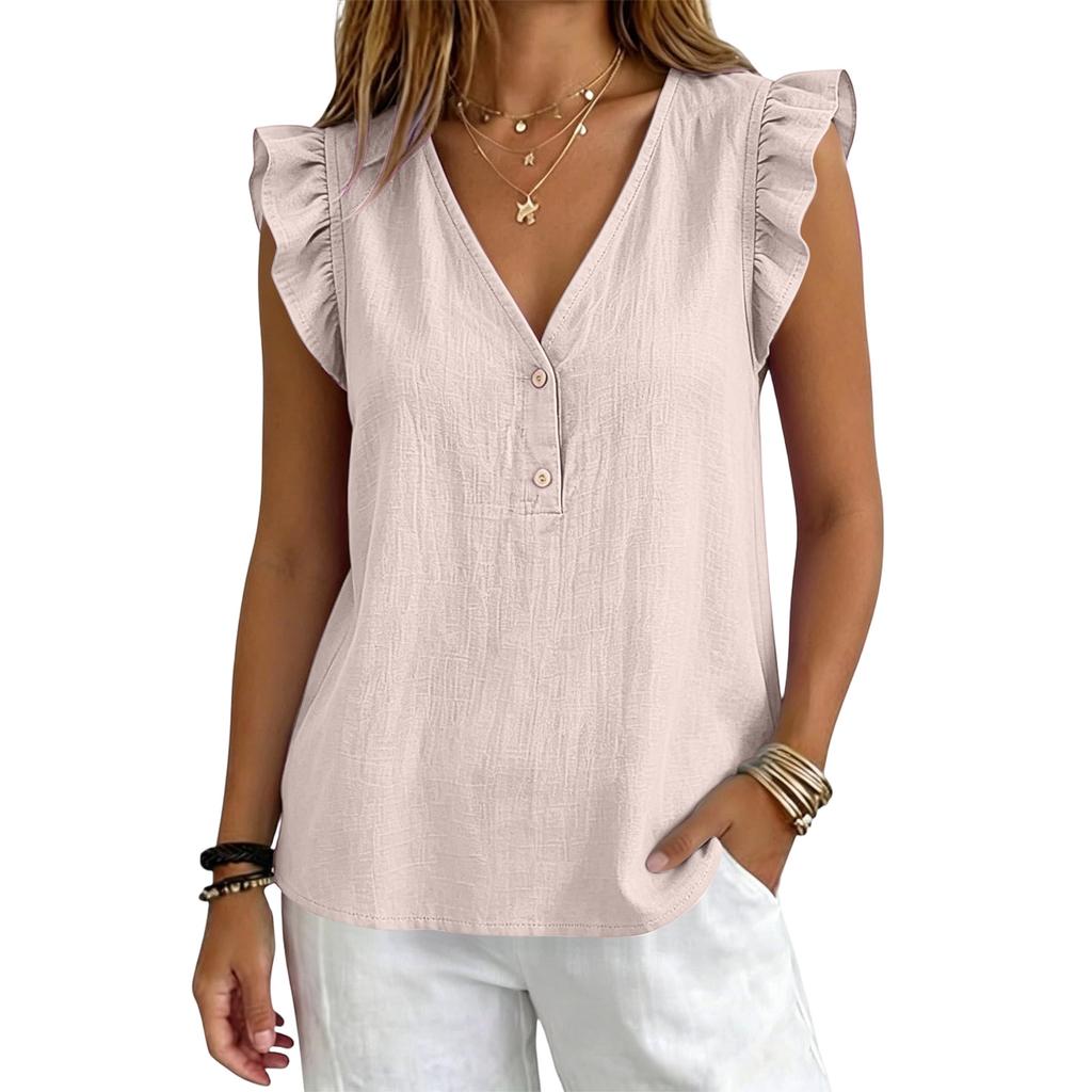 Women Summer Casual V Neck Button Down Blouse Sleeveless Ruffle Trim Lightweight Relaxed Fit Top for Daily Wear Office