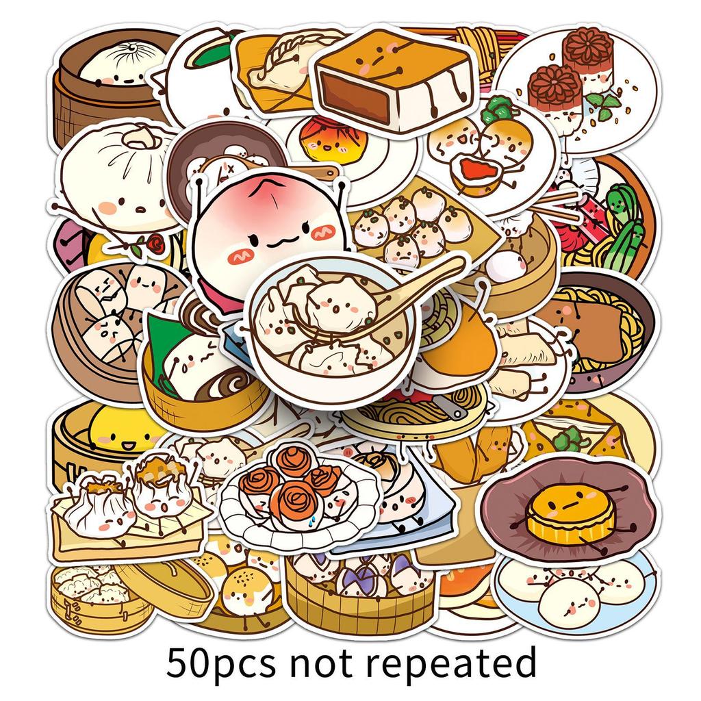 50 Cartoon Dim Sum Stickers: Original, Waterproof, Perfect for Journals, Phone Cases, and Suitcases