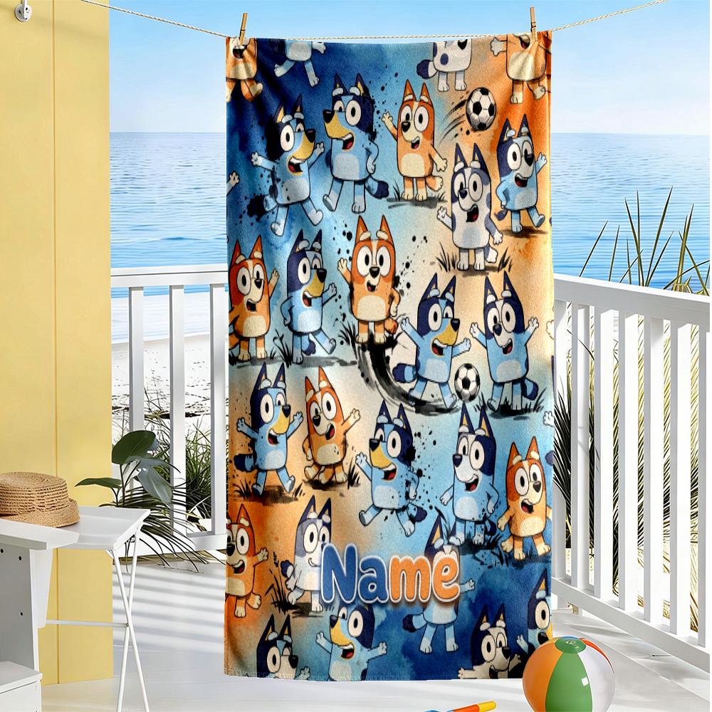 Soccer Fun Bluey Personalized Name Beach Towel Super Soft & Absorbent Ideal for Travel Outdoor Swim Pool Yoga Surf Camping Hiking Gym Gift Holiday