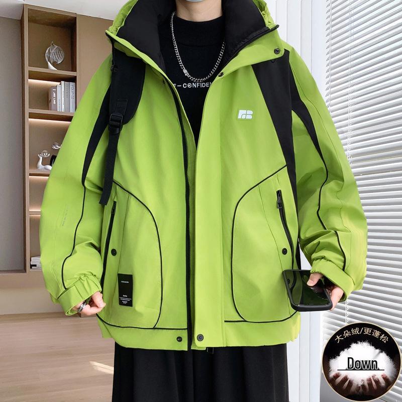 

Trendy Men s White Duck Down Hooded Jacket - 2025 Winter Patchwork Windproof Ski Coat 4XL (175-190 lbs)