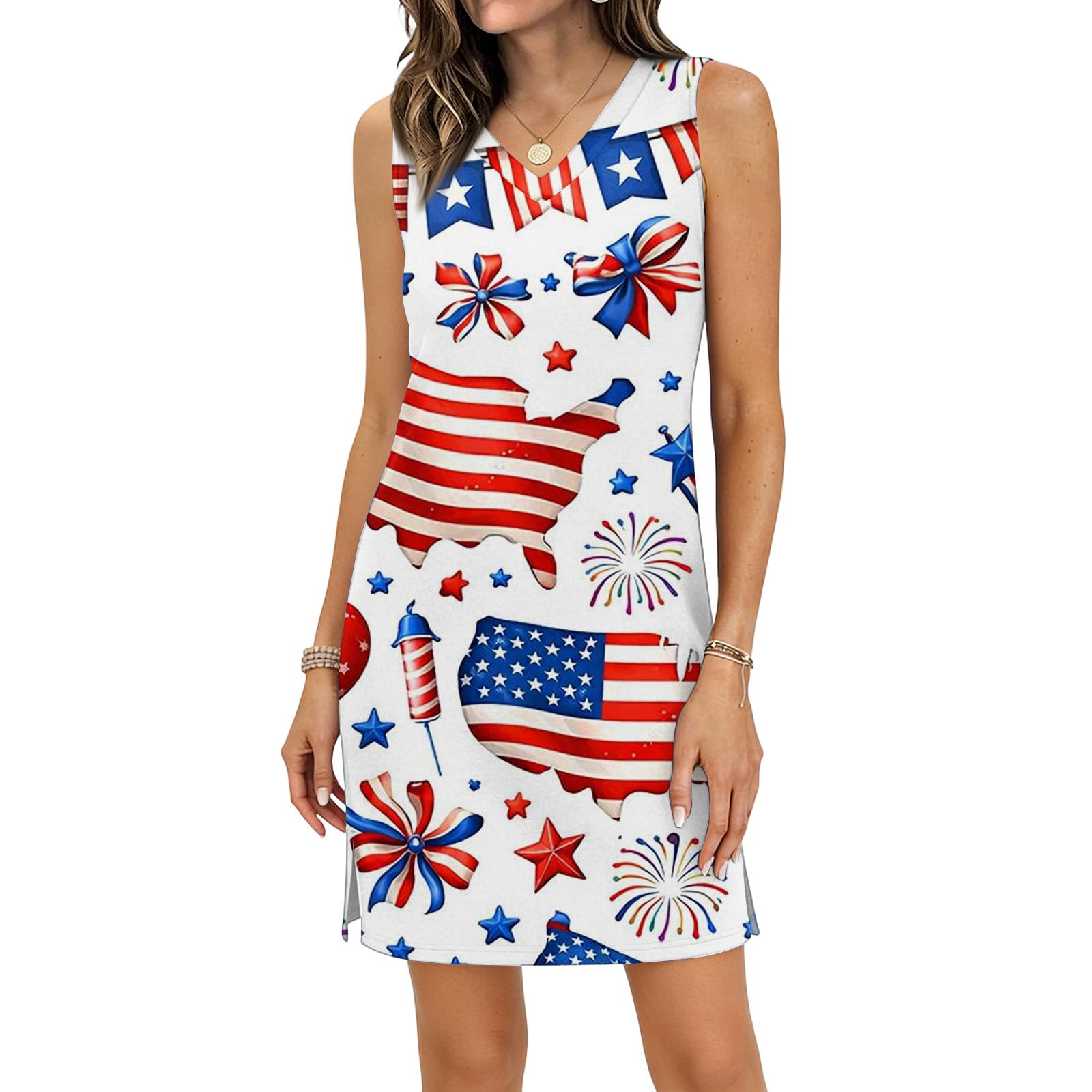 Women’s Casual V-Neck Sleeveless Split Hem Independence Day Printed Dress L белый