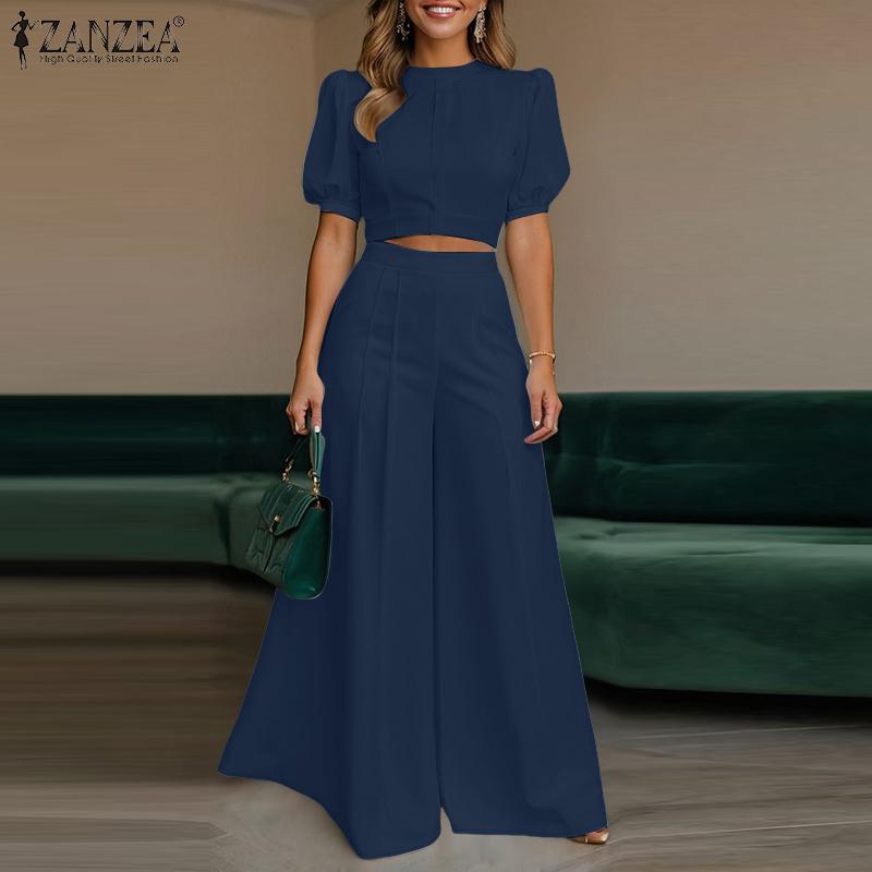 ZANZEA Women Short Sleeve Cropped Tops and Wide Leg Pants Two Piece Suit Sets