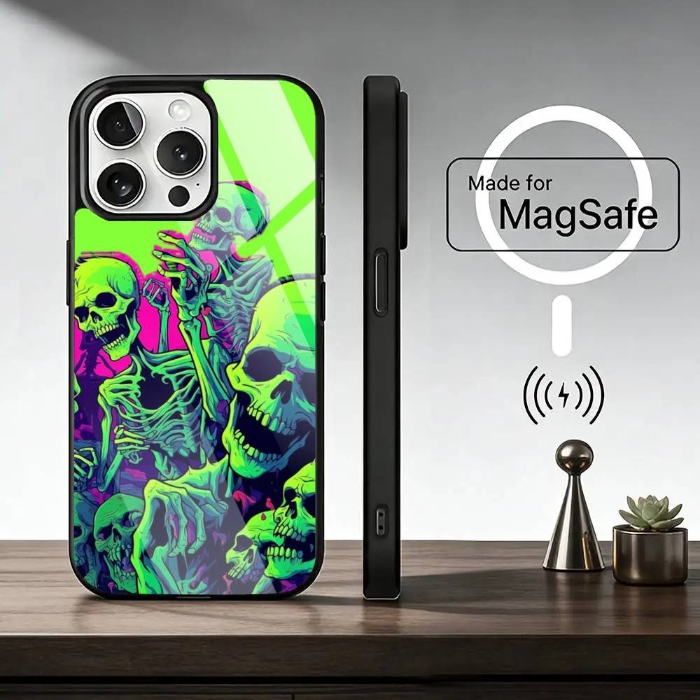 Skull Phone Case For iPhone17,16,15,14,13,12,11 Plus,Pro Magnetic with Magsafe Wireless Charging