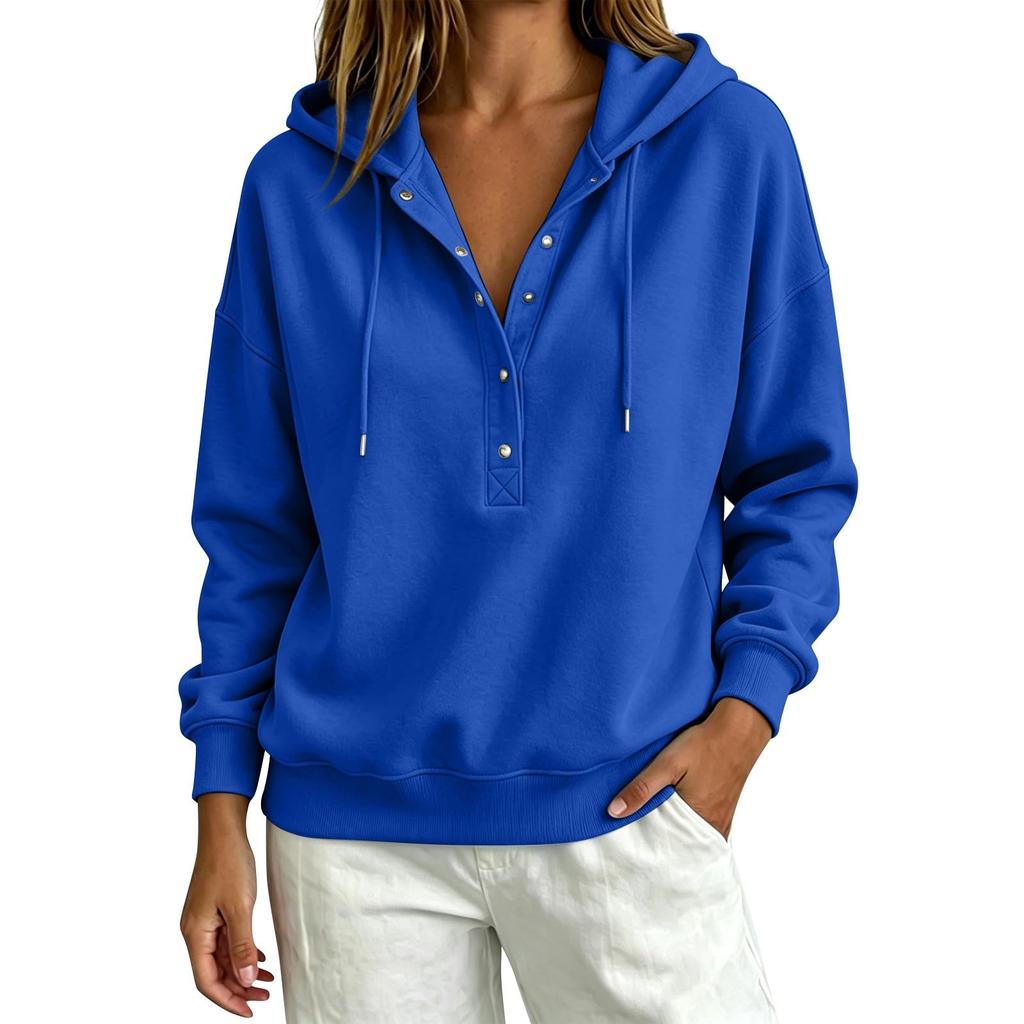 Women's Casual Button Front Hoodie Loose Fit Color Sweatshirt