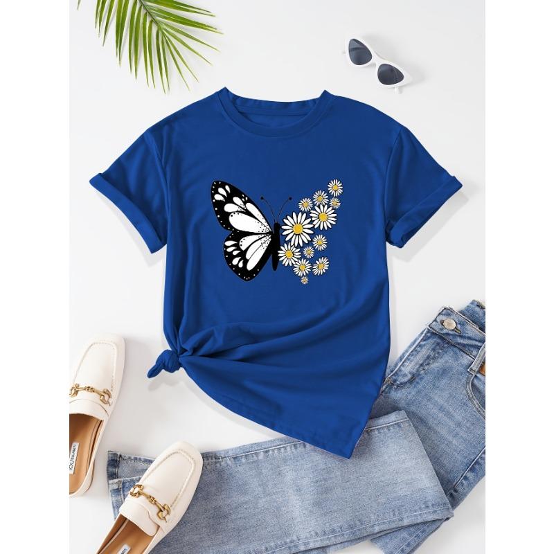 Ladies  fashion women s butterfly cartoon printed T-shirt round neck T-shirt versatile casual T-shirt S