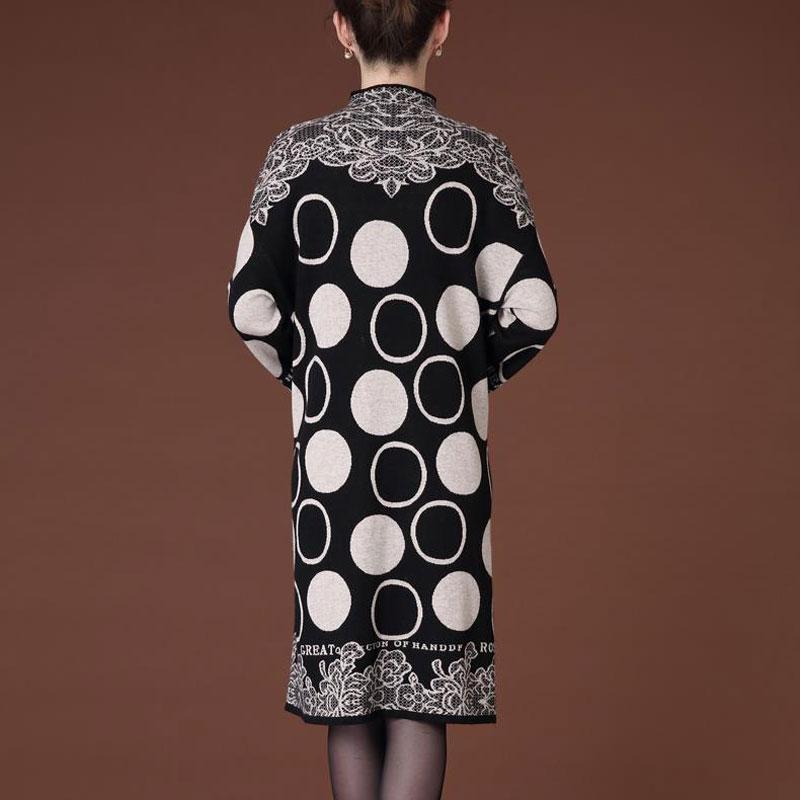 Fashion Vintage Printed Midi Dress Women's Long Sleeve Casual Polka Dot Autumn Winter Half High Collar Knitted