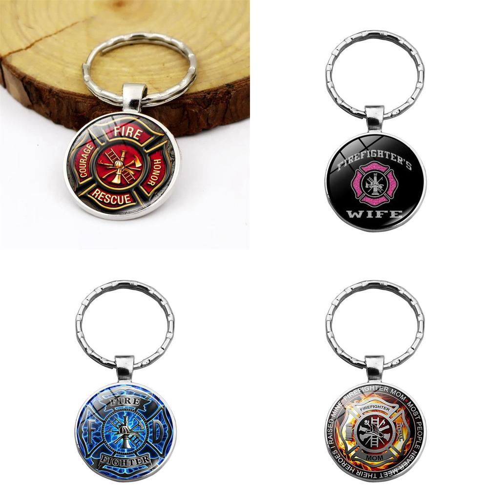 Sleek Rescue Firefighter Emblem Keychain Gemstone Zinc Alloy Key Ring For Men And Women