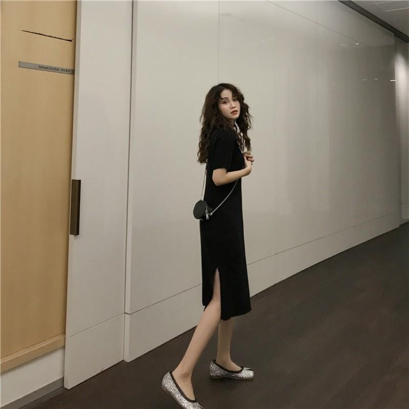 New Spring and Autumn Style with Coat Temperament Polo Collar Loose Slim Straight Mid-length Silk Knitted Slit Dress