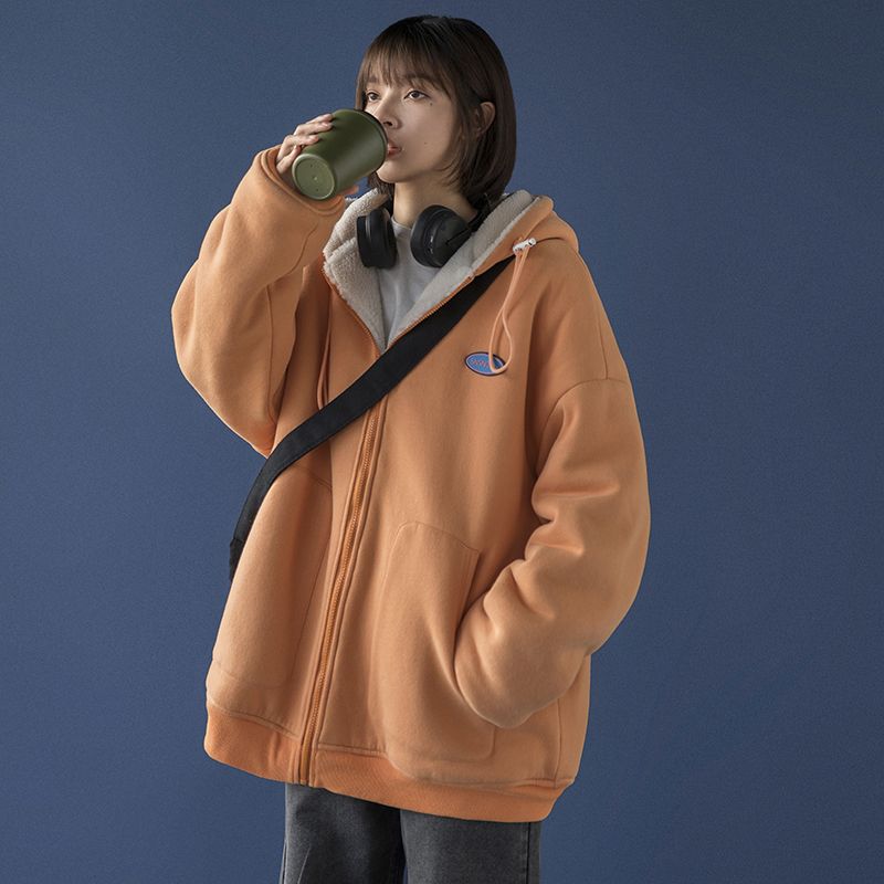 Lamb Wool Coat Women's Lazy Cardigan Sweatshirt Fleece Lined Thickened Loose Korean Style Chic Autumn Winter Hooded Top
