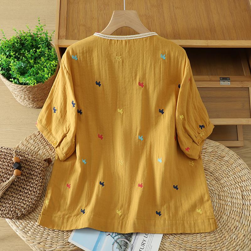 DIMANAF 2026 Taglie Forti Estate Donna Camicette Camicie Tunica Oversize Ampia Casual Cotone Lino Top da Donna Ricamo Floreale