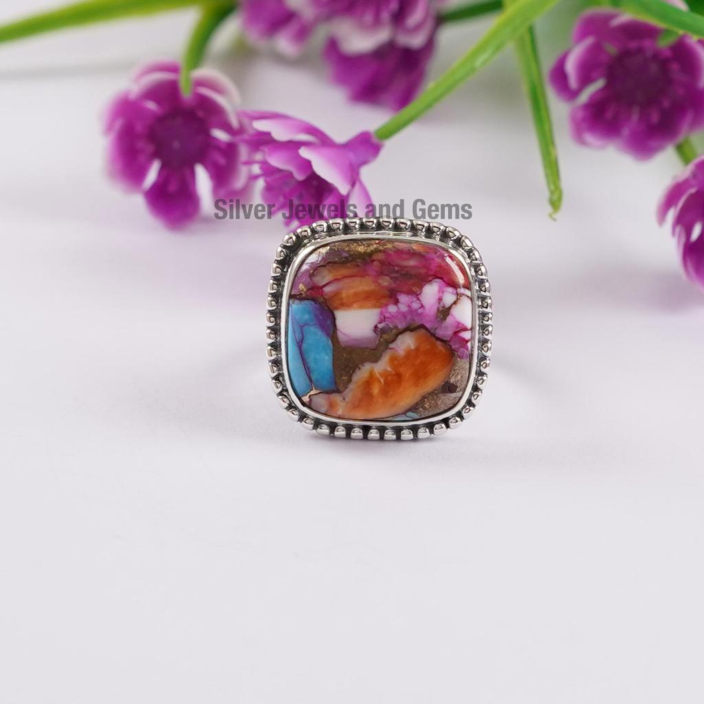 Dahlia Copper Turquoise Ring, 925 Sterling Silver Handmade Ring, Square Turquoise Jewelry, Promise Ring, December Birthstone Gift Ring