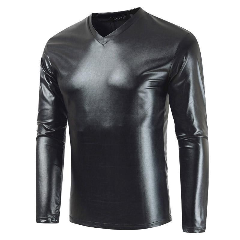 

Мужская блестящая однотонная футболка с длинным рукавом и V-образным вырезом 5XL чёрный
