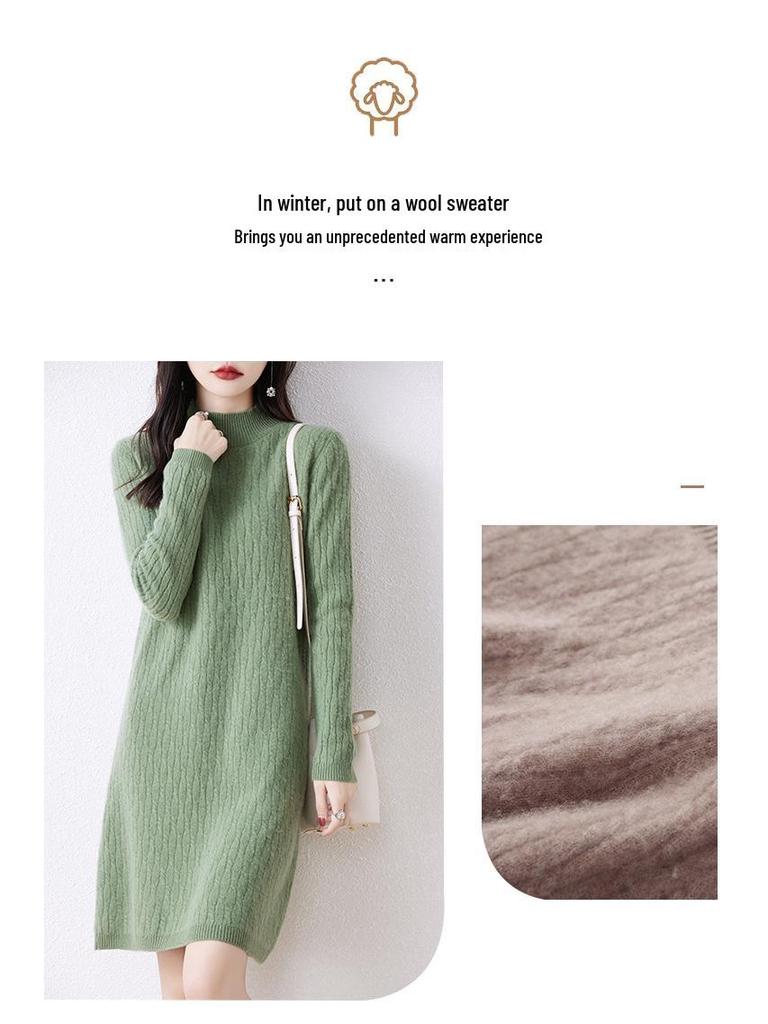 Women's High Neck Knitted Wool Dress - Slimming and Warm for Autumn/Winter
