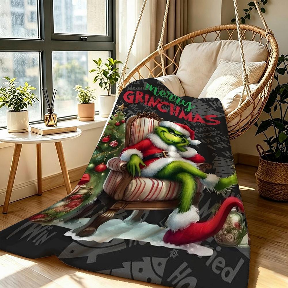 Ho Ho Ho Merry Grinch Christmas Theme Cartoon Flannel Blanket Soft Warm Throw Blanket For Office Sofa Lightweight Home Decor Memorial Gift