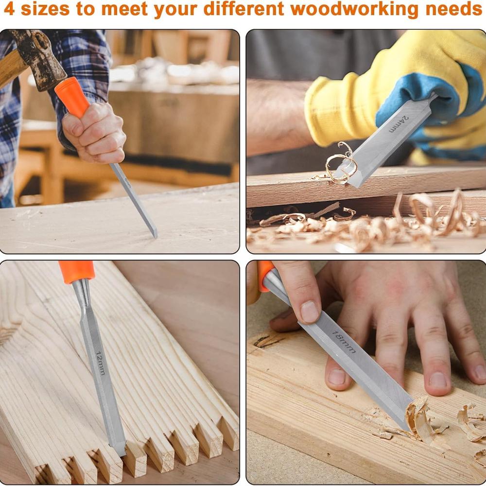 4 Piece Wood Chisel Set with Steel Hammer End Ergonomic Plastic Handle 6mm 12mm 18mm 24mm Woodworking Tools