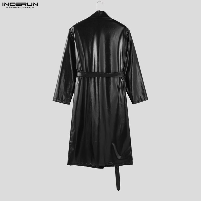 INCERUN Winter Men Long Sleeve Long PU Leather Coats Overcoat Outerwear