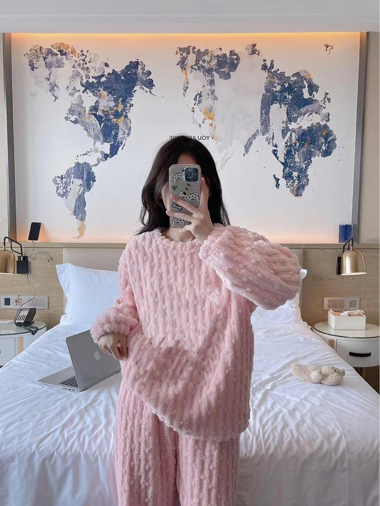 Women's Cute Cartoon Round Neck Flannel Pajamas - Warm Striped Coral Fleece Homewear Set for Autumn and Winter
