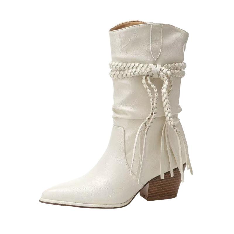 

Autumn and winter boots retro tassel but knee thick heel pointed short tube pile boots women 35