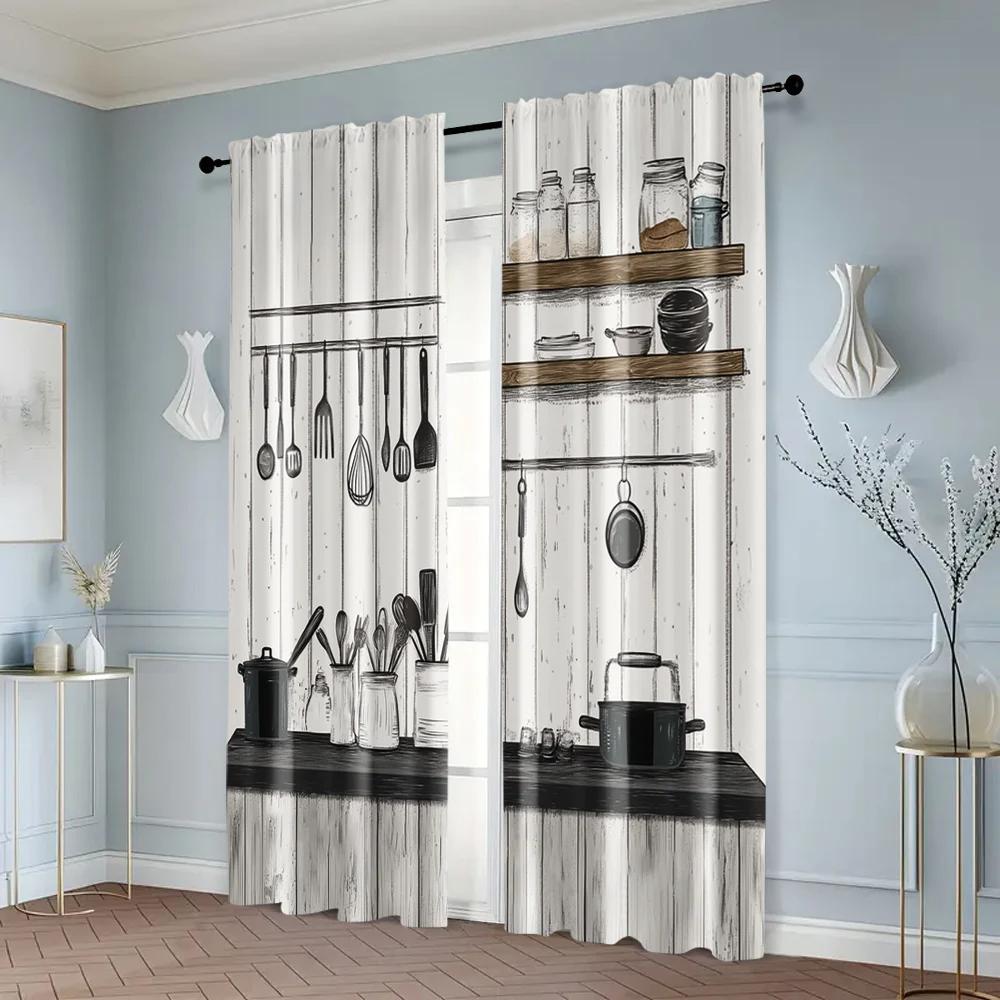 Vikama Retro Kitchen Utensil Curtain Black White Wood Grain Pattern Home Window Decor Panels Room Darkening Polyester Ideal For Cooking Area
