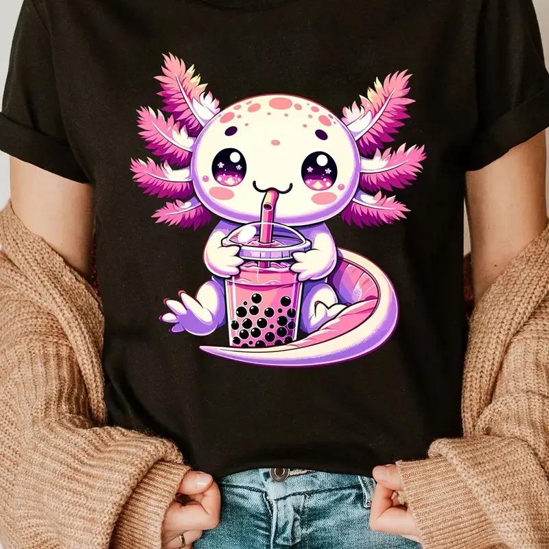 Axolotl Print Crew Neck Tshirt Short Sleeve Casual Top Summer Womens Clothing Print Clothing Womens Harajuku Graphic Clothing