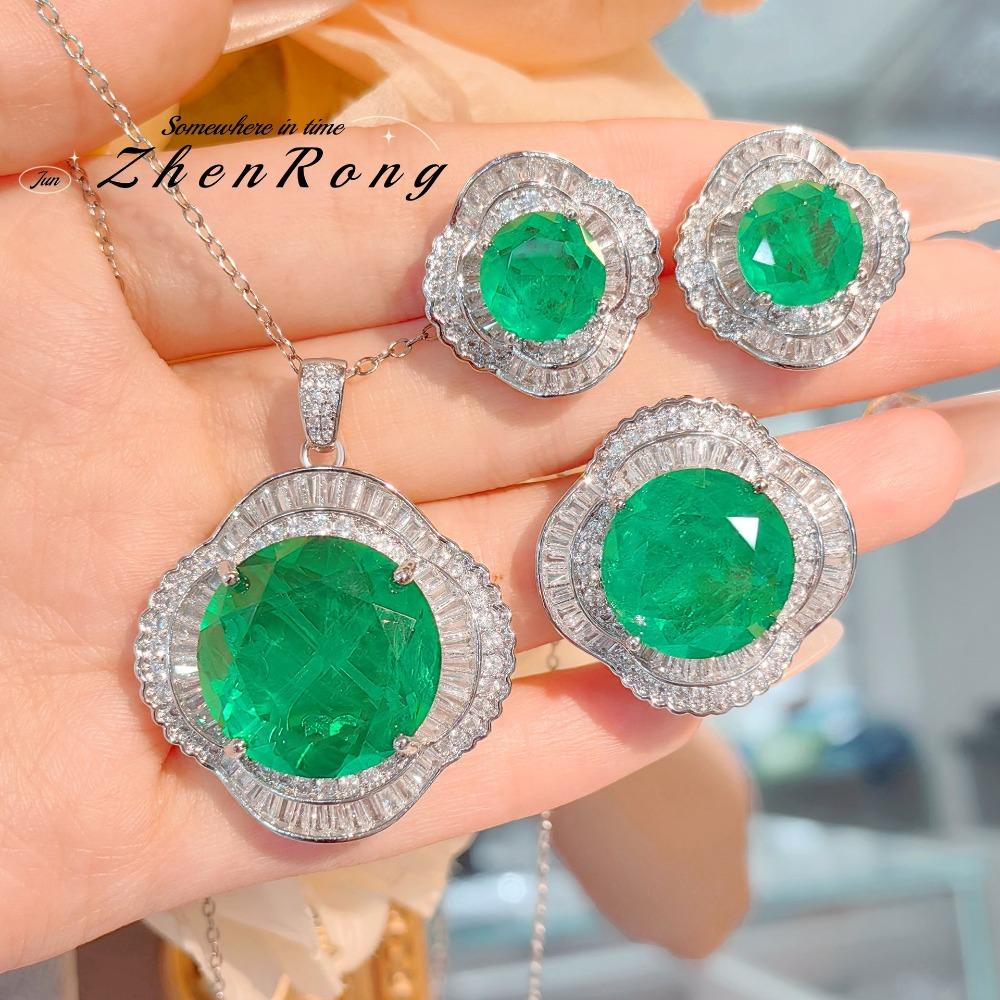 Elegant Women Jewelry Set Emerald Necklace Cubic Zirconia Earrings Ring Pendant High Quality Simulated Gemstone Gift