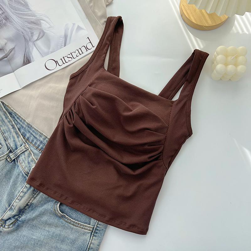 Korean Ruffled Spaghetti Strap Women's Tank with Chest Pads - Sexy Backless Slimming Base Layer