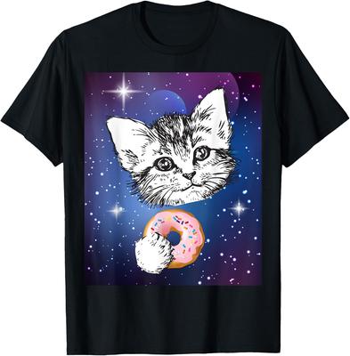Cute Little Cat Eating A Donut In Space Animal T-Shirt for Men Women Kids