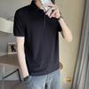 Men Black Rib Knit Short Sleeve Polo Shirt Slim Fit Breathable Ice Silk Business Casual Top